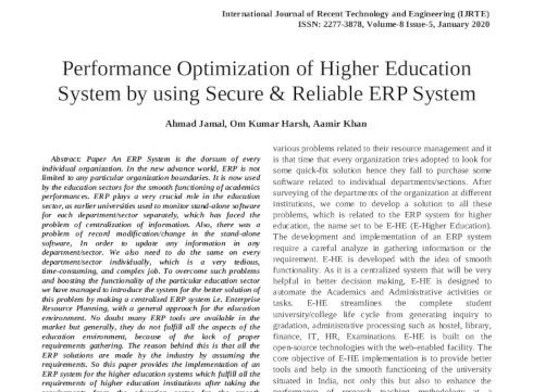 Performance Optimization of Higher Education
System by using Secure & Reliable ERP System